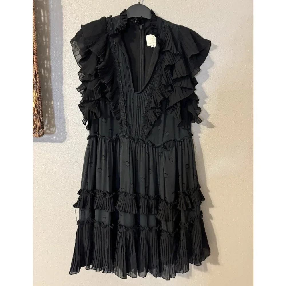 Kate Spade Devore Dress 6 Black Silk Mix Bakery Dot Ruffle Dress